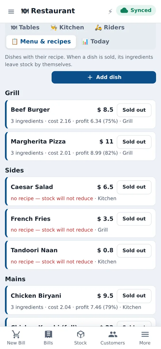 CloudSync POS Menu & recipes