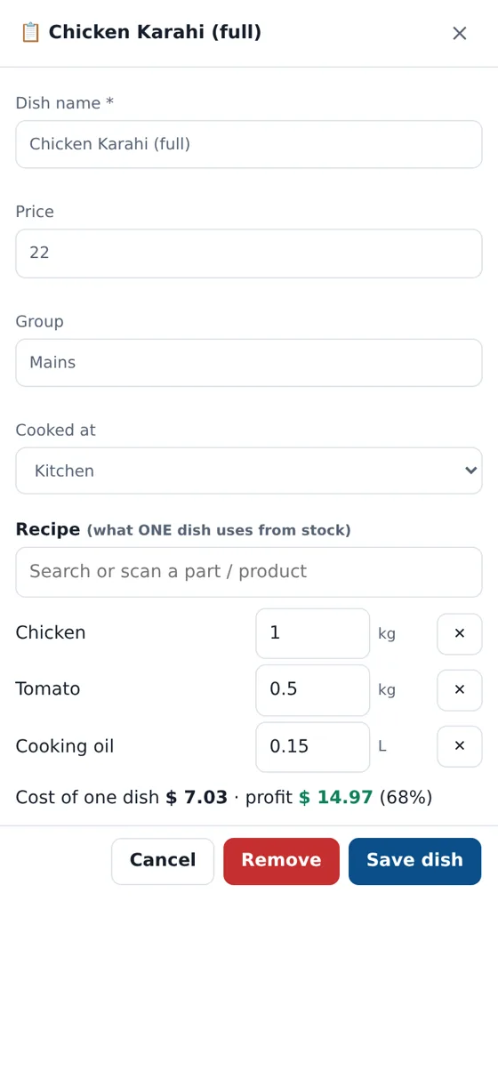 CloudSync POS Recipe cost & profit